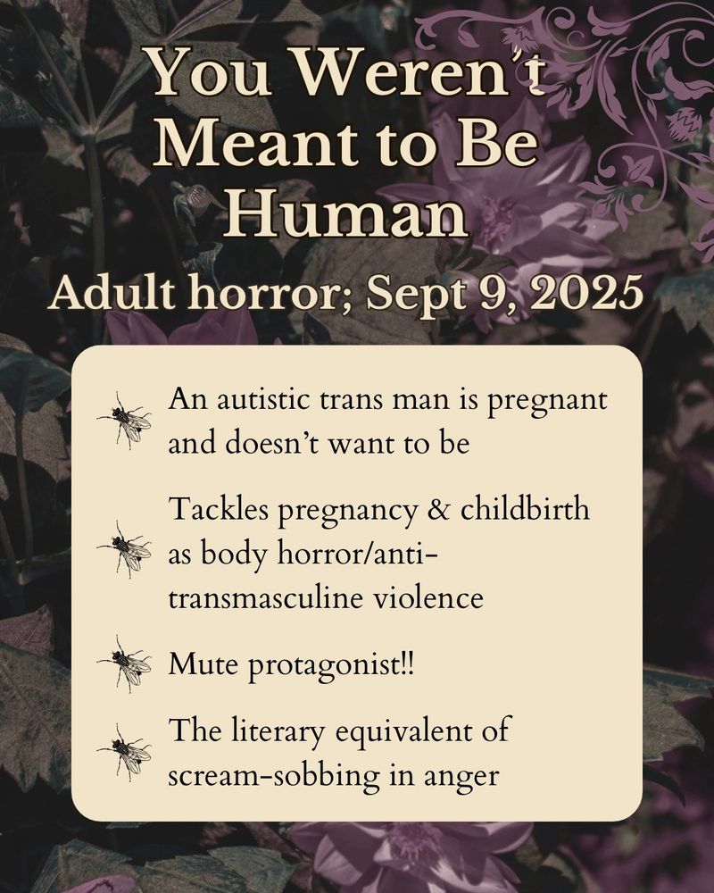 The same graphic reading: “You Weren't Meant to Be Human. Adult horror; Sept 9, 2025.” Then, in bullet points that are flies: 
“An autistic trans man is pregnant and doesn't want to be. Tackles pregnancy & childbirth as body horror/anti-transmasculine violence. Mute protagonist!!. The literary equivalent of scream-sobbing in anger.”