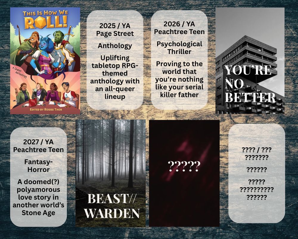 A graphic featuring four book covers and accompanying text on a wood-textured background.

First: THIS IS HOW WE ROLL, edited by Rosiee Thor. Text reads, "2025 / YA
Page Street. Anthology. Uplifting tabletop RPG-themed anthology with an all-queer lineup."

Second: A placeholder cover for YOU'RE NO BETTER. Text reads, "2026 / YA. Peachtree Teen. Psychological Thriller. Proving to the world that you’re nothing like your serial killer father."

Third: A placeholder cover for BEAST//WARDEN. Text reads, "2027 / YA. Peachtree Teen. Fantasy-Horror. A doomed(?) polyamorous love story in another world’s Stone Age."

Fourth: A placeholder cover with no title. The text is just a bunch of question marks.