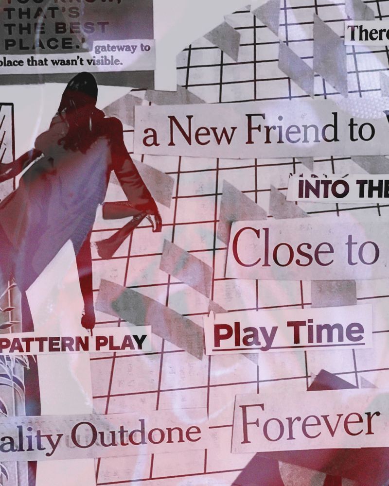 Close up on a portion of a collage. A long-haired figure in a billowing coat strides boldly away from the viewer, across a grid of large squares smattered with paper diamonds & clipped phrases. The only complete phrase visible on screen is PLAYTIME FOREVER.