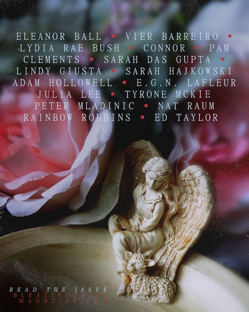 A soapdish sits under a canopy of fabric roses, the dish carved with the small figurine of an angel in a frock gazing down at the lamb nestled at her feet. Above their heads, the list of contributors: 

Eleanor Ball, Vier Barreiro, Lydia Rae Bush, Connor, Pam Clements, Sarah Das Gupta, Lindy Guista, Sarah Hajkowski, Adam Hollowell, E.G.N. Lafleur, Julia Lee, Tyrone Mckie, Peter Mladinic, nat raum, Rainbow Robbins, and Ed Taylor

Read the issue
BLEATINGTHINGMAGAZINE.COM