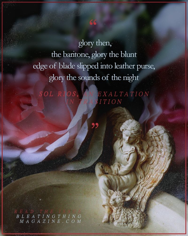 A soapdish sits under a canopy of fabric roses, the dish carved with the small figurine of an angel in a frock gazing down at the lamb nestled at her feet. Above their heads, a quote from "An Exaltation In Transition" by Sol Rios: 

"
glory then,
the baritone, glory the blunt
edge of blade slipped into leather purse,
glory the sounds of the night

"

Read the issue
BLEATINGTHINGMAGAZINE.COM