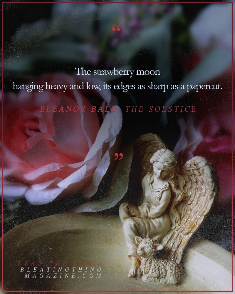 
A soapdish sits under a canopy of fabric roses, the dish carved with the small figurine of an angel in a frock gazing down at the lamb nestled at her feet. Above their heads, a quote from Elenaor Ball's "The Solstice": 

"
The strawberry moon
hanging heavy and low, its edges as sharp as a papercut.

"

Read the issue
BLEATINGTHINGMAGAZINE.COM