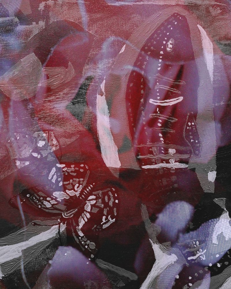 Close up on a portion of a painting. From the abstract background emerge two distinct shapes: a butterfly heading toward the bottom of the frame, & a humpback wale pointed toward the top of the frame (as if breaching the surface).
