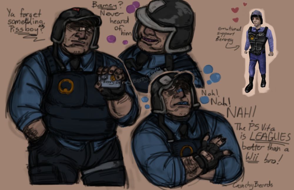Coloured digital sketches of the character Benrey from the YouTube series, Half Life But The Ai Is Self Aware. On the far left is a sketch of him holding a passport, glaring at the viewer. As he's glaring he says:
"Ya forget something, Pissboy?"
A bust sketch in the centre has Benrey smiling, his teeth sharp and glowing purple as he speaks:
"Barney? Never heard of him."
Beneath the bust sketch is a sketch of Benrey with his arms folded as he dismisses someone. His teeth are still sharp and glowing blue as he argues:
"Nah! Nah! NAH! The PS Vita is LEAGUES better than a Wii bro!"
