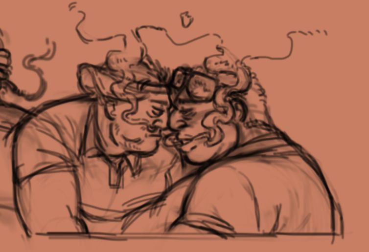 Sam and Lyle pressing their foreheads against the other, smoke wafting out their nostrils and mouths as they gaze into each other's eyes.