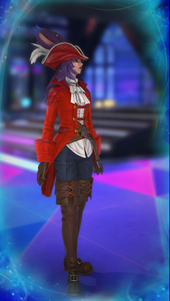 Dangerbun in the Historia aiming set (red commadore's hat, red coat with large cuffs, white cravat, blue-black pants, and brown leather thigh boots and brown leather gloves).  She's in a blurry solution 9.

SHE IS WEARING A HAT. A HAT. AND SHE HAS EARS. 