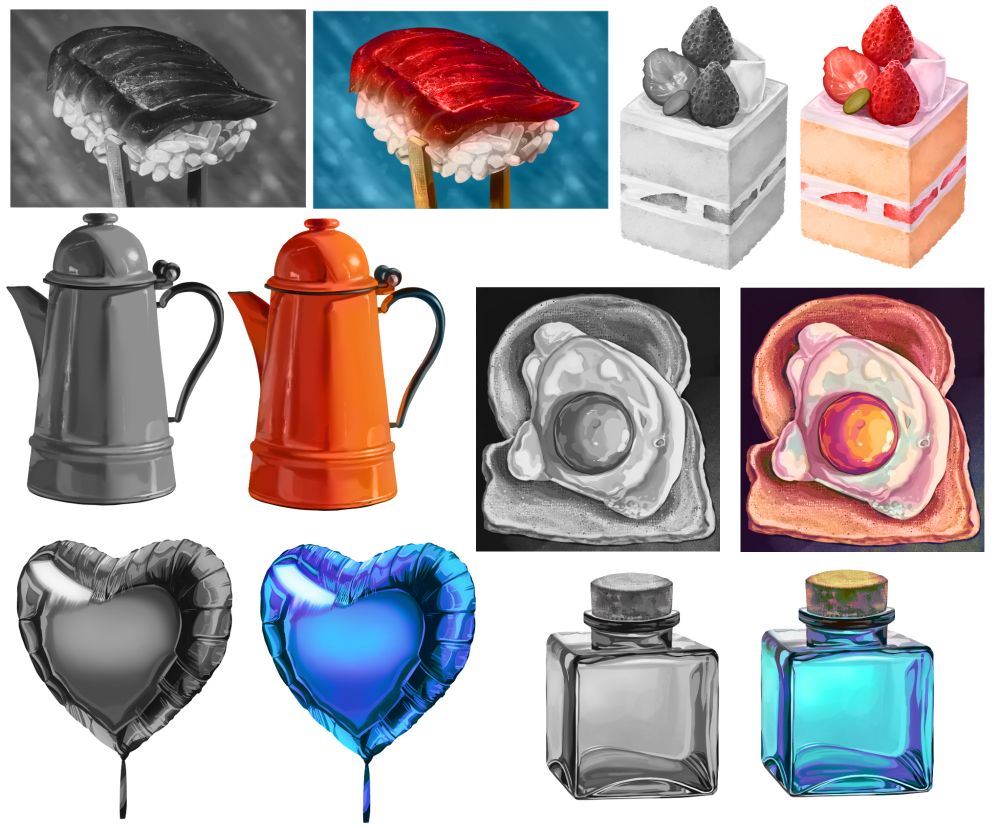 Meanwhile in here I drew sushi, strawberry cake, teapot, balloon, egg toast and a glass jar. 