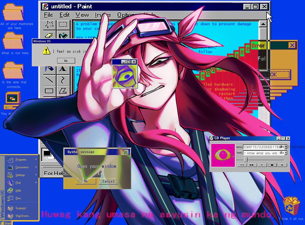 An experimental art piece in old windows style with one of characters. Many tabs are open up with each of them having many different cryptic messages. Every one of them represents a window to the character's struggles, mainly symbolising repressed anguish and trauma. There is also an old Paint tab with a blue screen on it behind the character. Meanwhile she is posed in a way with her hand making an ''Ok sign'' and looking through it, on top of it there is an open tab, signifying her confusion and worry. 