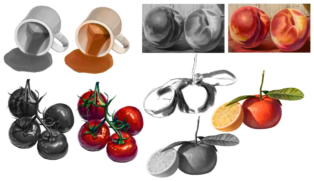 A bunch of gray scale+color studies I have done, mostly showcasing the ones I like. In here I drew a spilled cup of a coffee, peaches, orange and a lemon and tomatoes. 