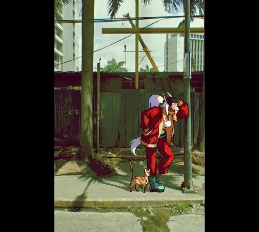 Third experimental art piece with one of my characters placed on top of a photo taken from Google maps. This time it is set at Philippines, Manila. As for the character, she is leaning on a steel pole and minding her business with her cat next to her leg. 
