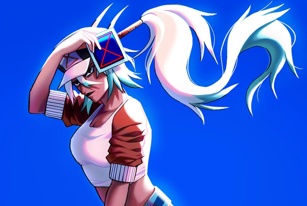 This is an art piece with one of mine characters, on a clear blue sky background. She is depicted with the wind blowing her long ponytail and the sunlight falling down on her back. Her hand is gestured on top of the visor of her hat, blocking the sunlight that falls on her face with a mysterious photo. It's depicted with two triangles, shaped like a hourglass. Despite the nice weather, she still hides away her reserved expression. 