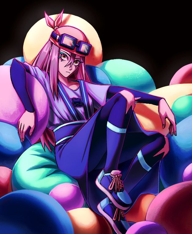 An art piece of one of my characters in a dark '' fun room''. It is filled with many colourful beanbags, some big and some small, all piled together on top of one another. She is sitting on top of them and looking up onto the viewer with impassive face. The bright white light falls down on them and bounces around, giving a misty and warm atmosphere. Despite the fun looking interior, the exterior is a pure void, stripping away the safety that a ''fun room'' should have. 