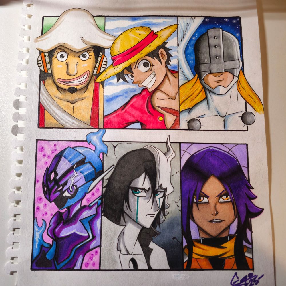 Drawing of six character from different animes such as one piece, bleach, pokemon and digimon