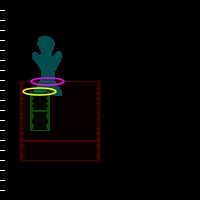 The same image of the overlapping sprites, with a purple circle around the platform-character intersection and a yellow circle around the box-character intersection.