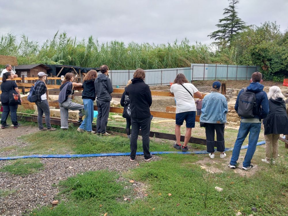 Teilnehmende der Exkursion nach San Casciano dei Bagni beobachten die laufenden archäologischen Ausgrabungen im Thermalheiligtum von einem abgesperrten Bereich aus. Die Gruppe steht entlang eines Holzzauns und blickt in die Grabungsfläche, die auf den vorherigen Bildern im Detail zu sehen ist. 