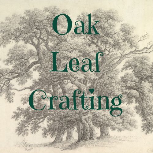 Image is the logo for Oak Leaf Crafting, a small jewellery and craft business on Folksy.com. The background image is a pencil drawing of an oak tree, with the words Oak Leaf Crafting over it.