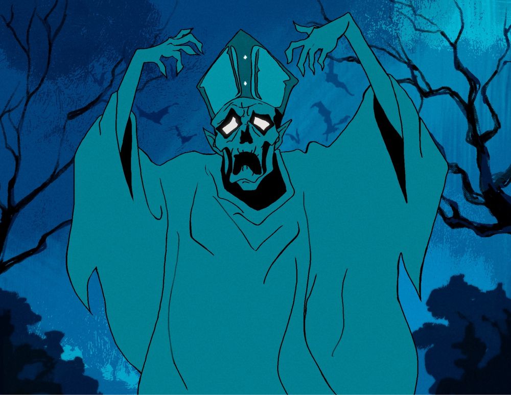 opus eponymous primo in the style of scooby-doo, he is waving his arms in the air like a ghastly ghoul with a deep blue background of the sky. there are tree branches and bats behind him