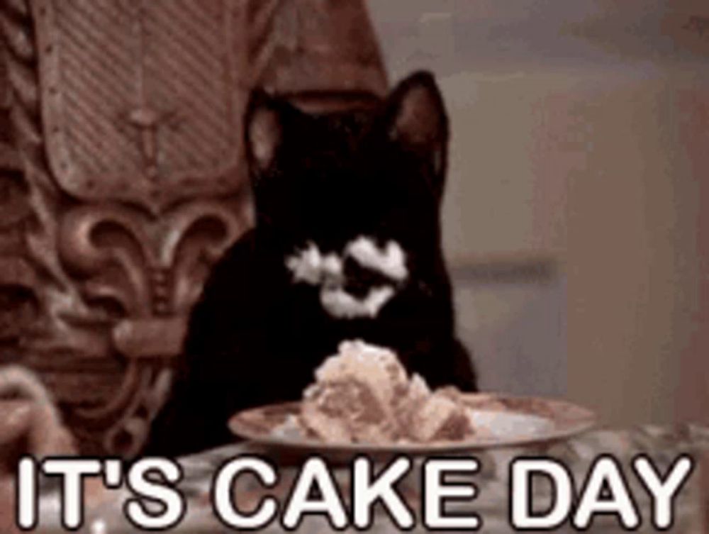 a black cat is sitting at a table with a plate of food and a caption that says `` it 's cake day '' .