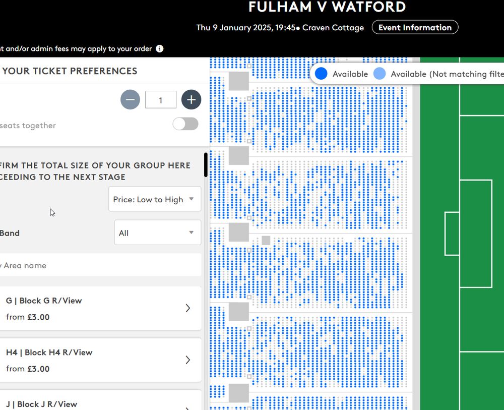 The available tickets in Fulham FC's Hammersmith End for the 3rd Round match against Watford on 9/1