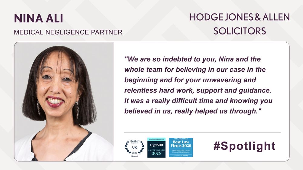 Portrait of Nina Ali, Medical Negligence Partner, alongside a client testimonial praising her dedication and support.