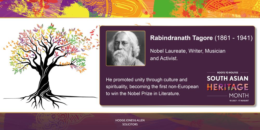 Illustration of a colorful tree with a quote about Rabindranath Tagore, Nobel Laureate and cultural unifier, for South Asian Heritage Month.