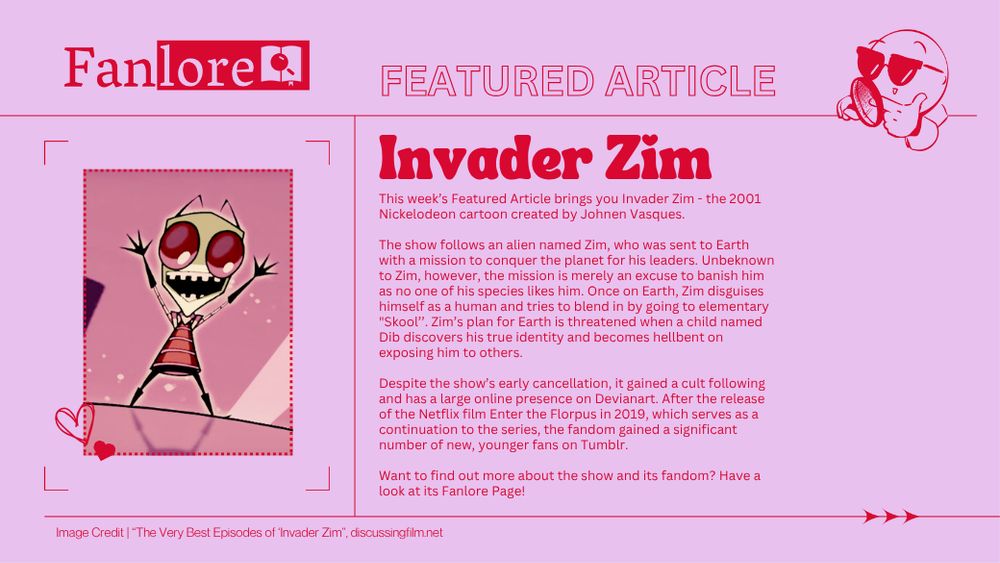 In the top right corner is a cartoon man with a magnifying glass looking down. On the left side is an image of Zim with hands raised. Text reads 'Feature Article, Invader Zim'. On the right side is the reminder of the text is from the featured article post.