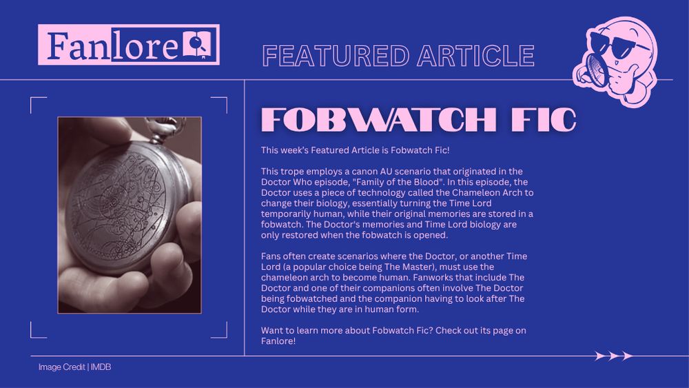 In the top right corner is a cartoon man with a magnifying glass looking down. On the left side is an image of a hand holding a pocket watch. Text reads 'Feature Article, Fobwatch Fic'. On the right side is the reminder of the text is from the featured article post.