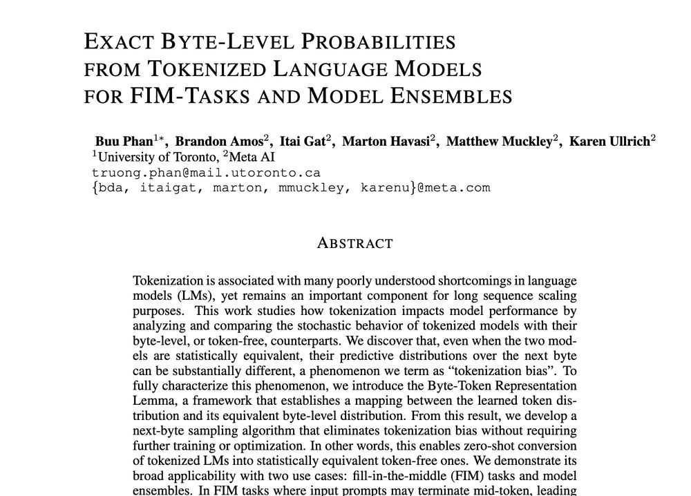 Screenshot of arxiv paper "EXACT BYTE-LEVEL PROBABILITIES FROM TOKENIZED LANGUAGE MODELS FOR FIM-TASKS AND MODEL ENSEMBLES."