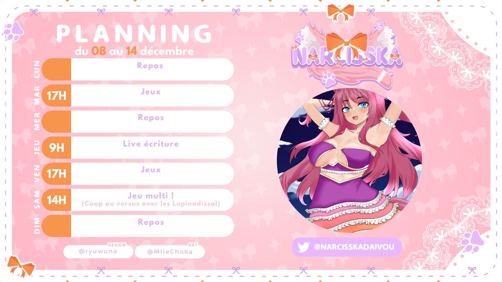 Planning des lives :
Mardi 17h : Jeux
Jeudi 9h: Live écriture
Vendredi 17h: Jeux
Samedi 14h: Jeux multi avec la communauté