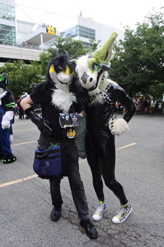 Fursuit photo showing a white and yellow dragon, and a white-and-green dragon who is wearing a shiny black vinyl catsuit.

Photo by Merlin