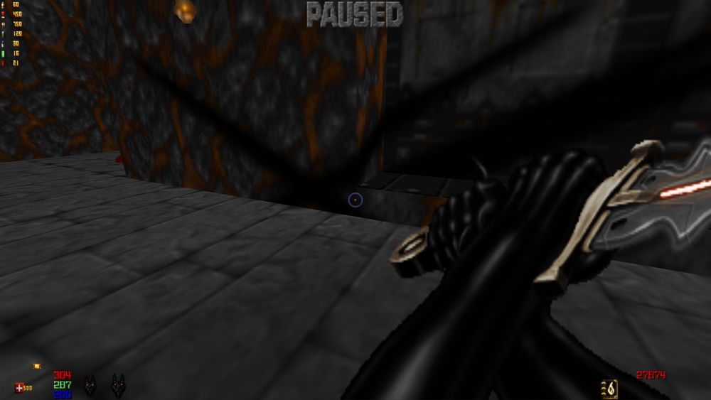 Another screenshot of Heretic running with Guncaster. The player is swinging the sword now, allowing for a nice view of his shiny black arms.