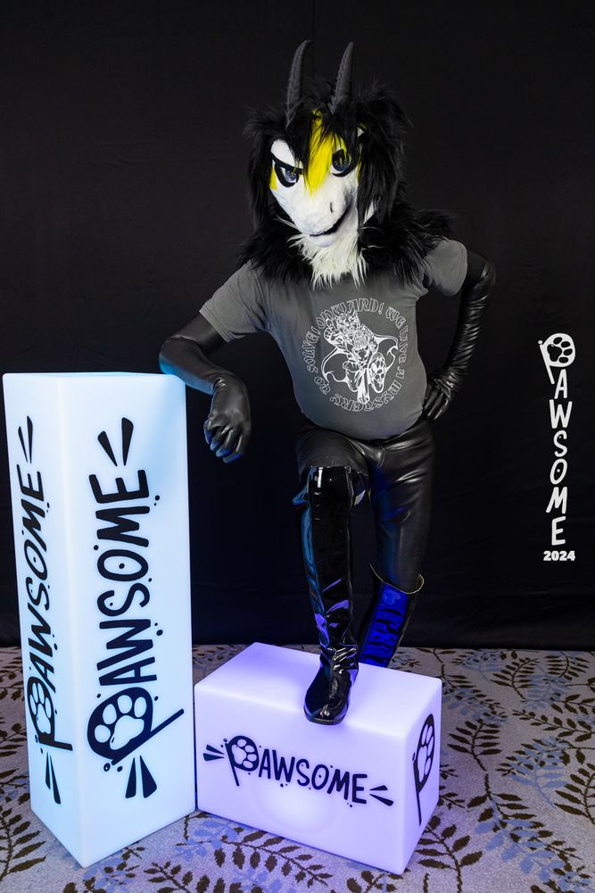Fursuit photo: A white-furred dragon with long black hair and yellow highlights.  He is wearing long PVC boots over latex leggings, with a Scotiacon T-shirt and shoulder-length latex opera gloves.
He is standing with one foot resting on an illuminated box with the Pawsome logo on it, and leaning against on a similar illuminated post with one rubber-gloved arm resting against it.