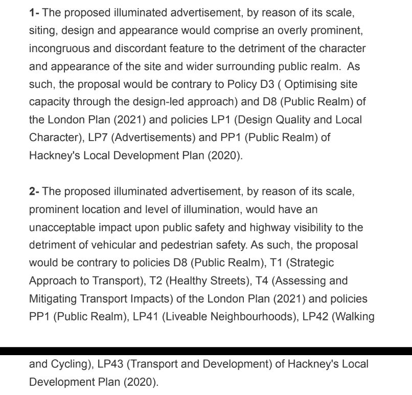 Refusal reasons given by planning on grounds of detriment to the character of the area and appearance, as well as public safety concerns with regards the highway.