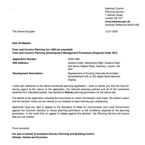 Letter outlining refusal for a digital billboard on Seven Sisters Road