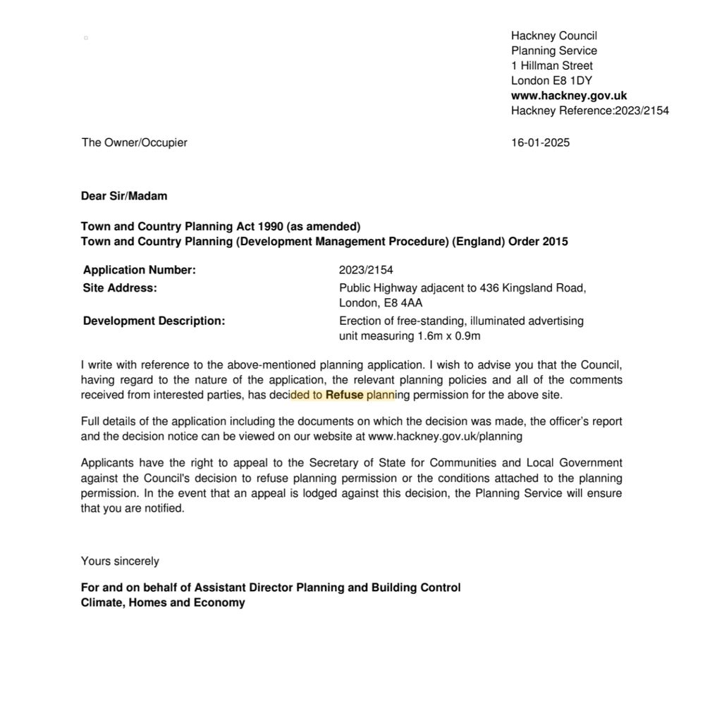 Letter from Hackney planning department refusing permission for a new digital advertising board