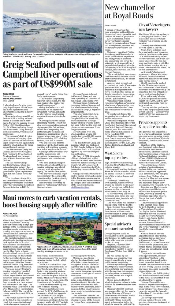 Page B1 of the July 26 edition of the Victoria Times Colonist newspaper