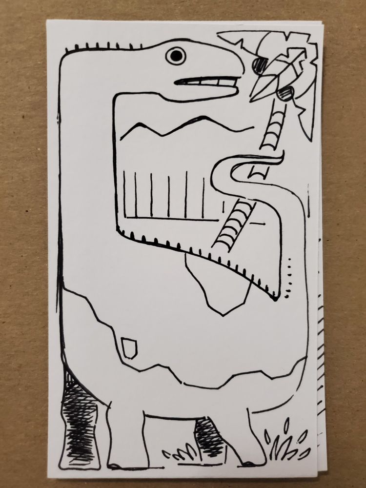 An Apatosaurus, drawn on a vertically aligned index card.