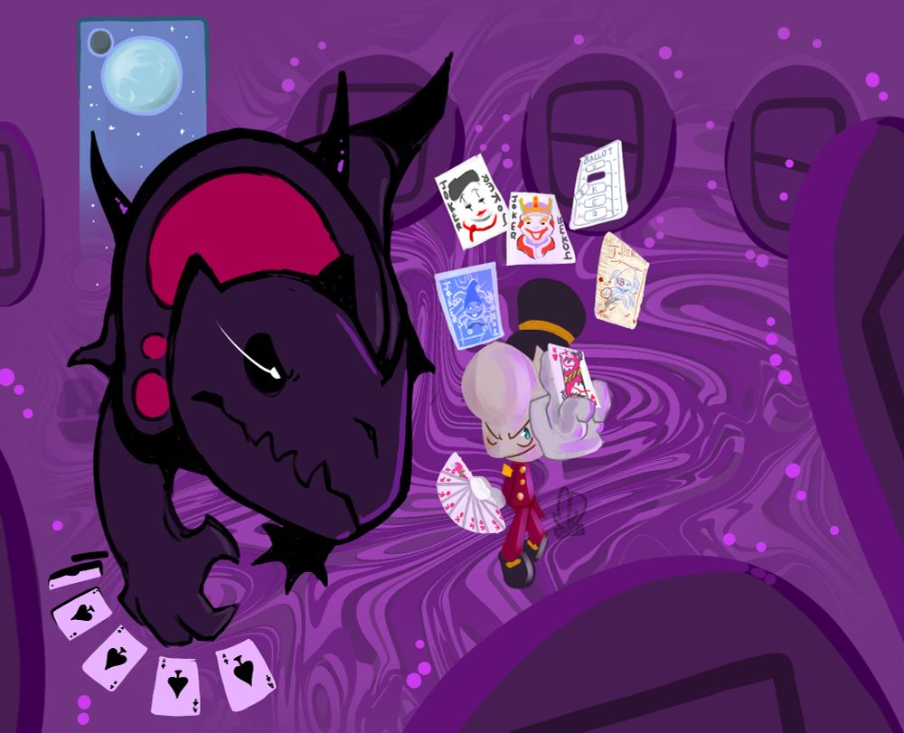 A large monster and a small magician confidently face off against an imposing wall that has them cornered. They have playing cards and magic jokers in their hands which they'll use to break through their enemy.