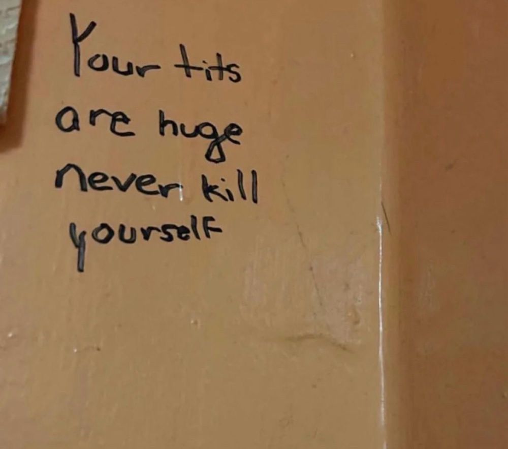 imagen de frase en ingles escrita sobre pared que dice: "your tits are huge never kill yourself", en español se traduce como "tus tetas son enormes nunca te suicides".