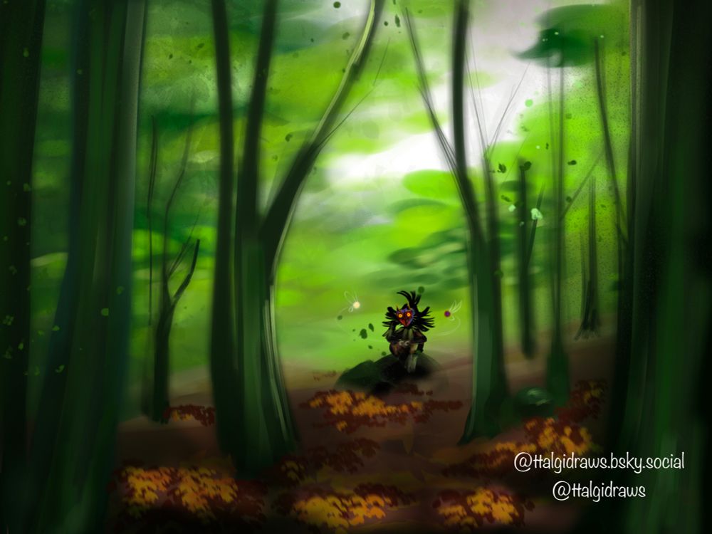 Skull kid wearing Majora’s Mask sitting on a rock with two fairies in a forest.