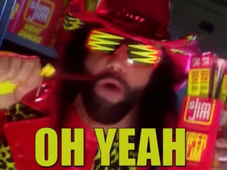 a man with a beard wearing sunglasses and a red hat says oh yeah in yellow letters