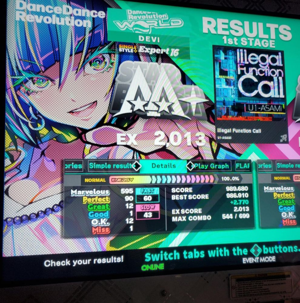 My 2,013 score on Illegal Function Call ESP (16), with an upscore of 2.7k. Money score is 989k. Alllllmost a AAA!