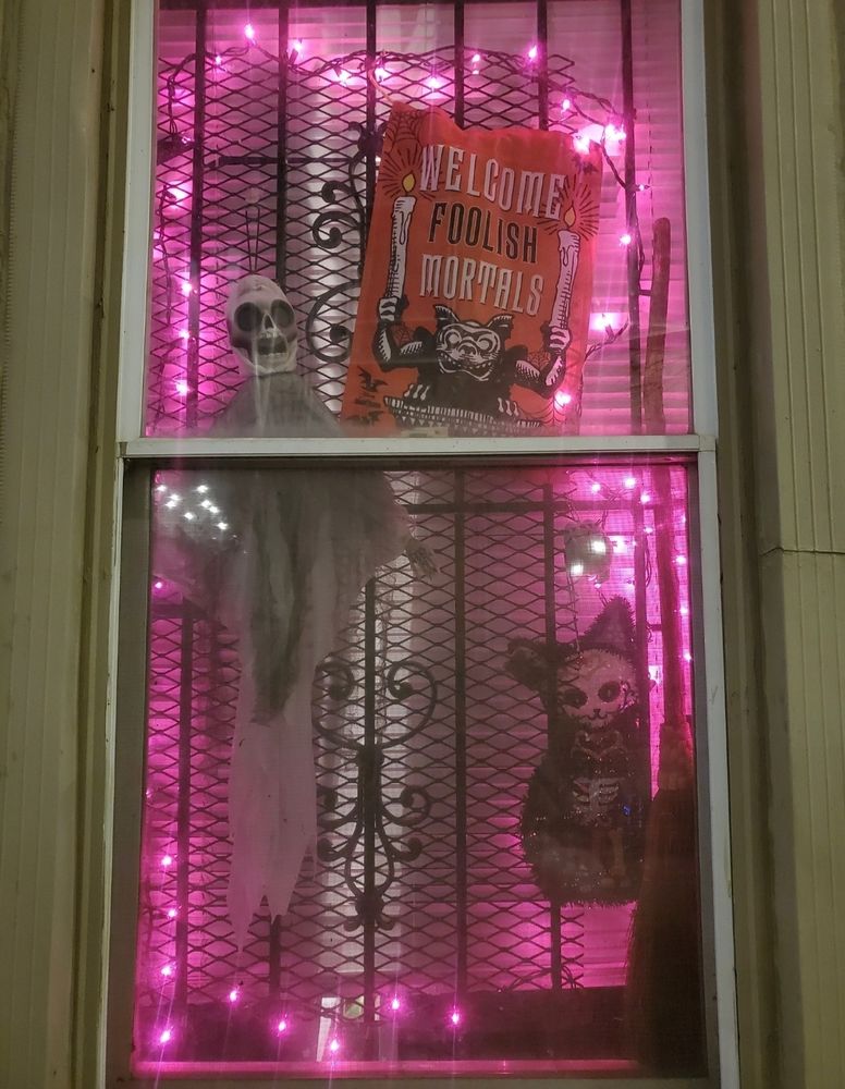 A window with a ghost/spectre, a "Welcome Foolish Mortals" gargoyle banner, a Dia De Los Muertos cat, a witches' broom, and purple string lights