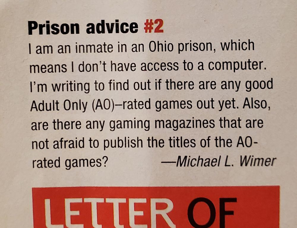 A letter from an incarcerated reader asks for "good adults-only games"
