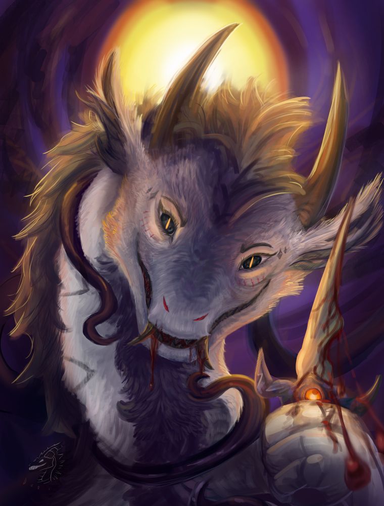 White fluffy dragon holds a dagger with dropping blood. She is evilly smiling. 