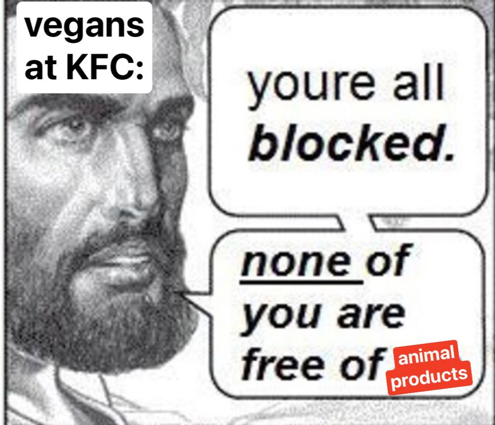 Image titled “Vegans at KFC” featuring an illustration of Jesus saying “you’re all blocked. None of you are free of animal products”