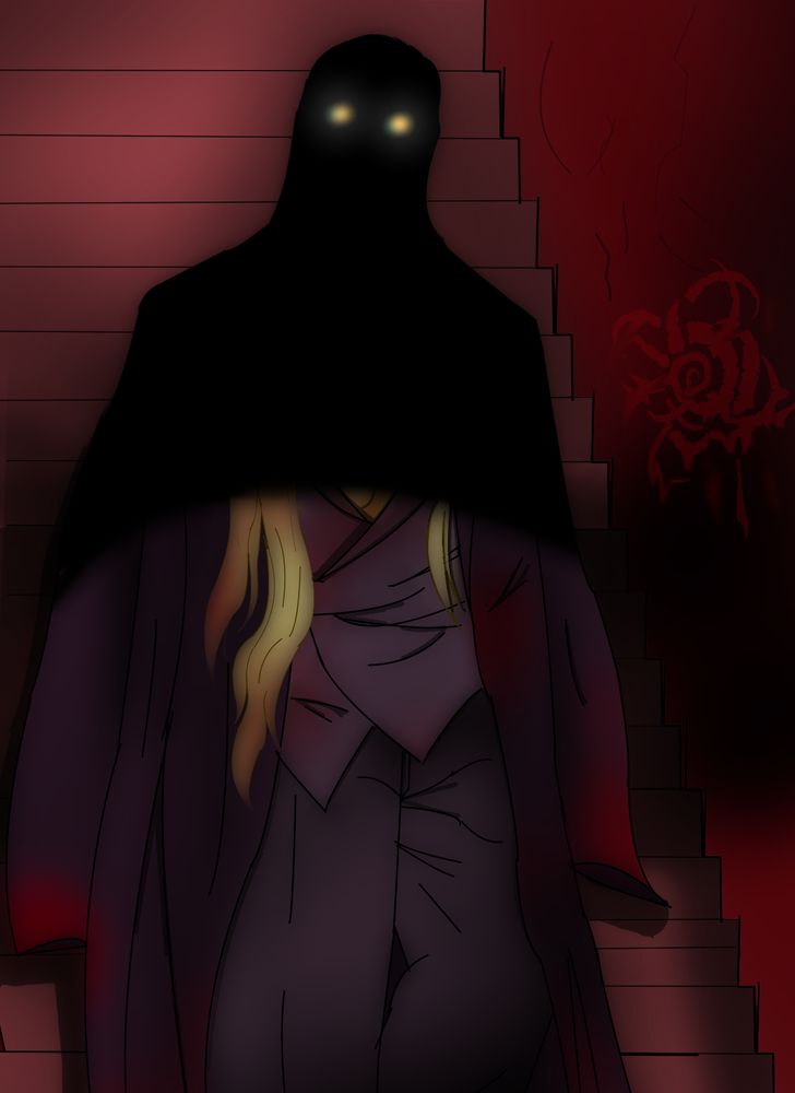 a Black spiral dancer AU of my WTA cahracter Line. She is coming down stairs and a overhang is putting her face in pure shade. She is a black butch woman in a purple suit with a long purple jacket and blonde hair. 
