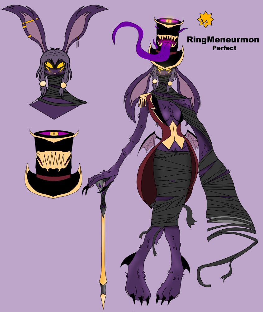 A purple rabbit digimon with a ring leader type outfit with bandages around her body. She has on a demonic tophat with a mouth on it and leaning on a cane. Name is Ring Meneurmon and is a perfect level and Virus type 