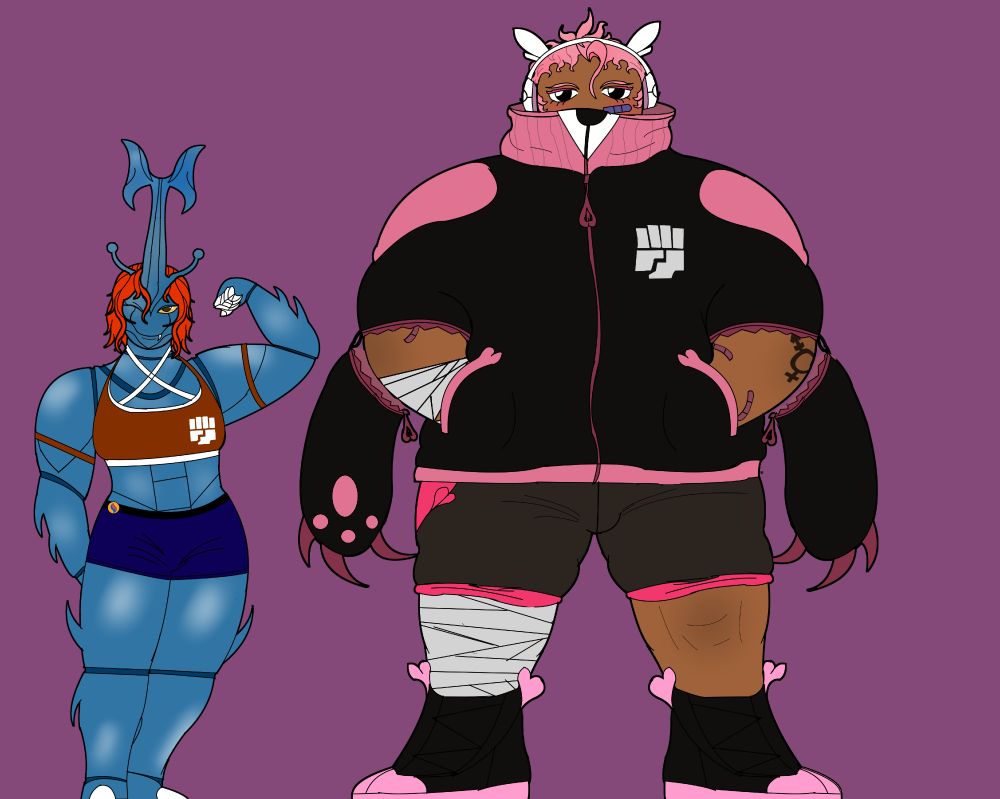 A heracross girl with orange hair in a sports bra and workout shorts. Next to her is a huge Bewear girl with pink hair and white headphones, she has on a giant brown jacket with the fighting type symbol on it. 