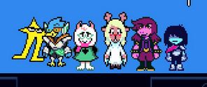 the original    starwalker, berdly, ralsei, noelle, susie, and kris in a line